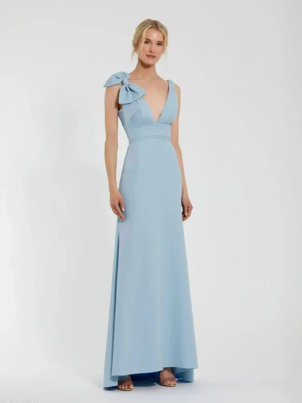 Petite Blue Sleeveless V Neck Bow Detail Mermaid Gown