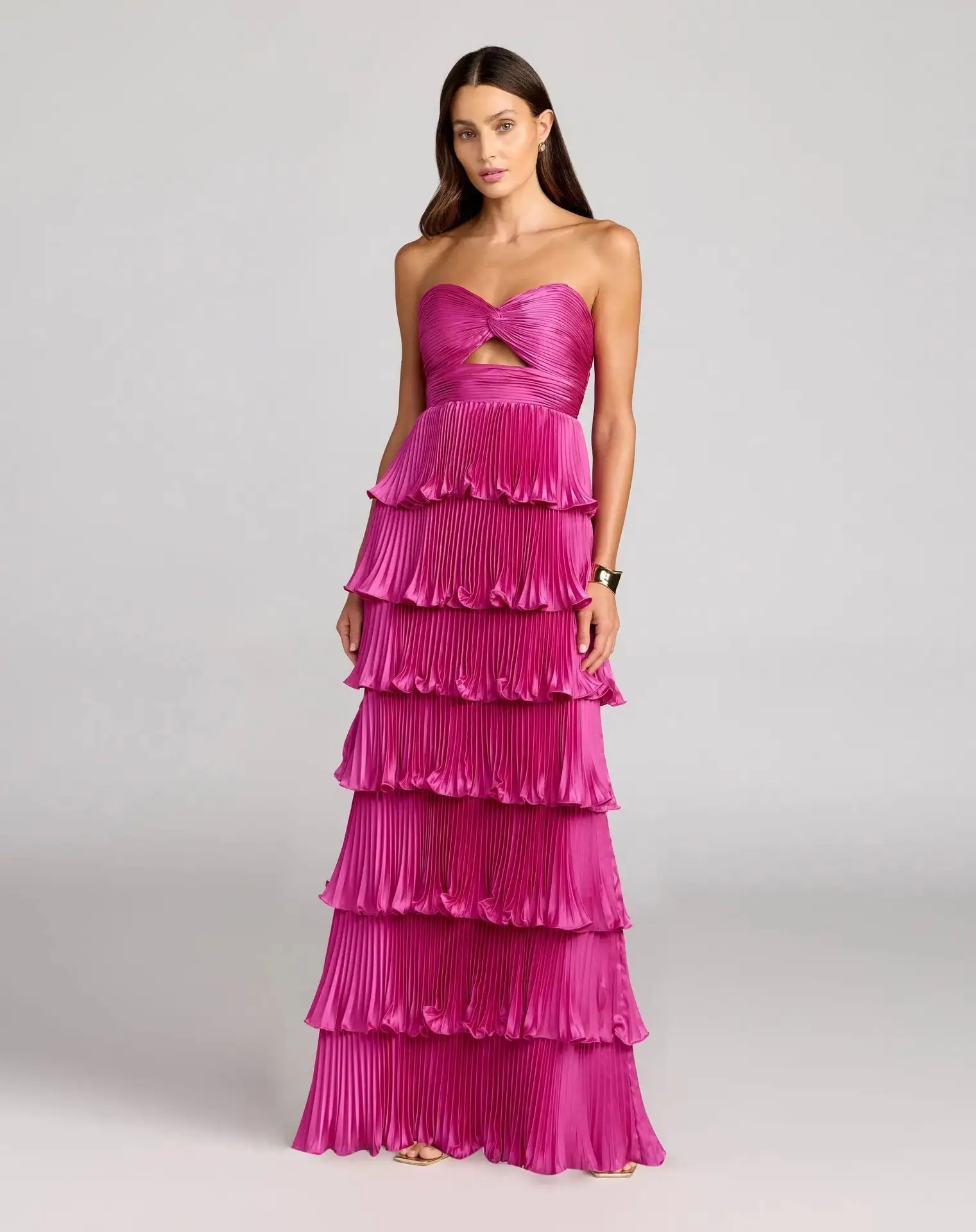 Dark Pink Pleated Charmeuse Strapless Tiered Ruffle Gown