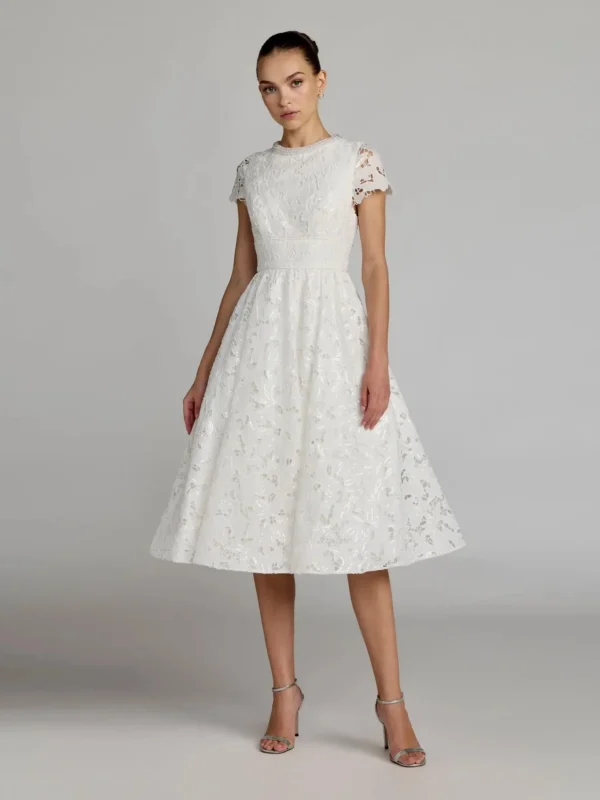 White Embroidered Lace A Line Midi Dress