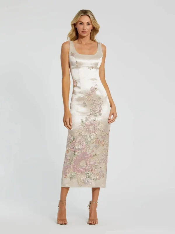 Petite Slim Strap Scoop Neck Bustier Brocade Midi Dress