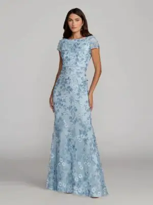 Blue Floral Applique Boat Neck Cap Sleeve Gown