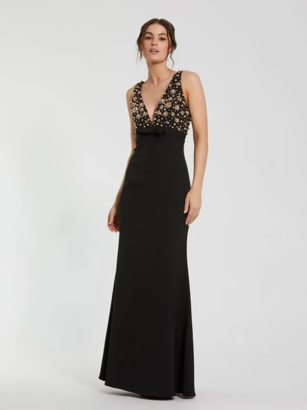 Petite Black Crepe Sleeveless Beaded V Neck Gown With Bow