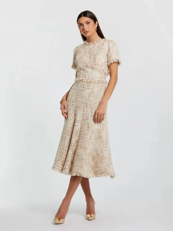 Petite Beige Boucle Short Sleeve A Line Midi Dress