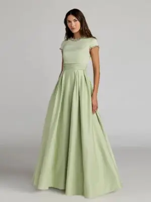 Petite Green Embellished Satin Cap Sleeve Ball Gown