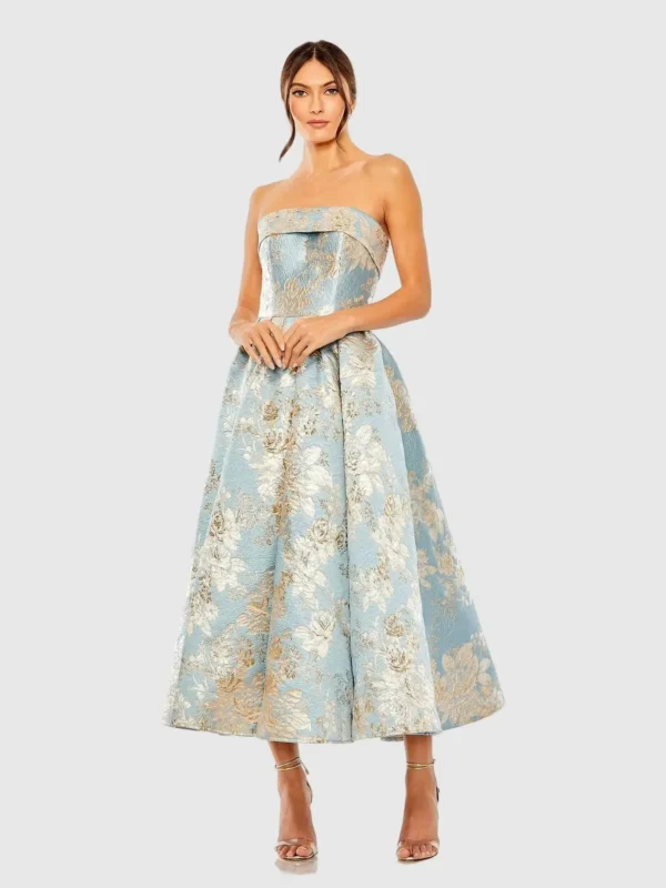 Petite Light Blue Strapless Brocade Midi Dress With Pockets