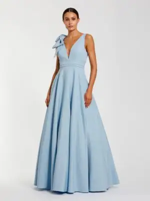 Light Blue Sleeveless Plunge Neck Ball Gown With Bow Detail