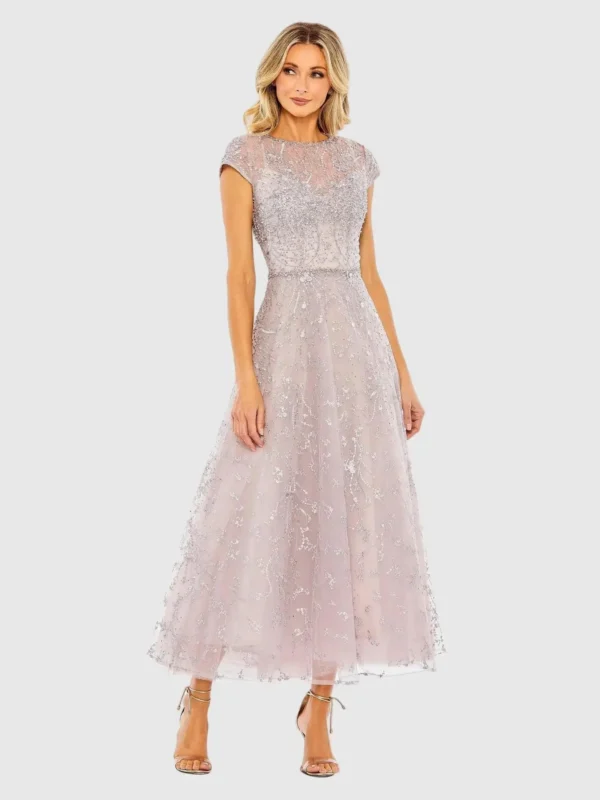Petite Purple Embellished High Neck Cap Sleeve A Line Dress