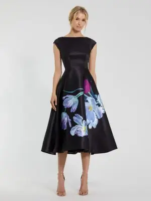 Petite Black Satin Cap Sleeve Midi Dress With Floral Print