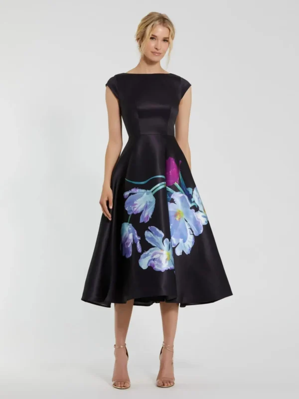 Petite Black Satin Cap Sleeve Midi Dress With Floral Print