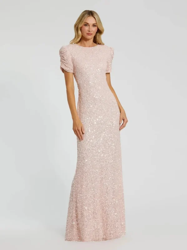 Petite Pink Gathered Short Sleeve Embellished Gown