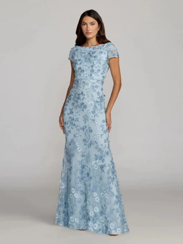 Petite Blue Floral Applique Boat Neck Cap Sleeve Gown