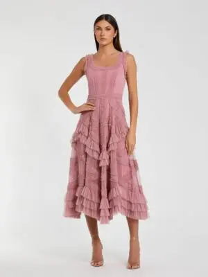 Petite Pink Scoop Neck Sleeveless Micro Ruffle Midi Dress
