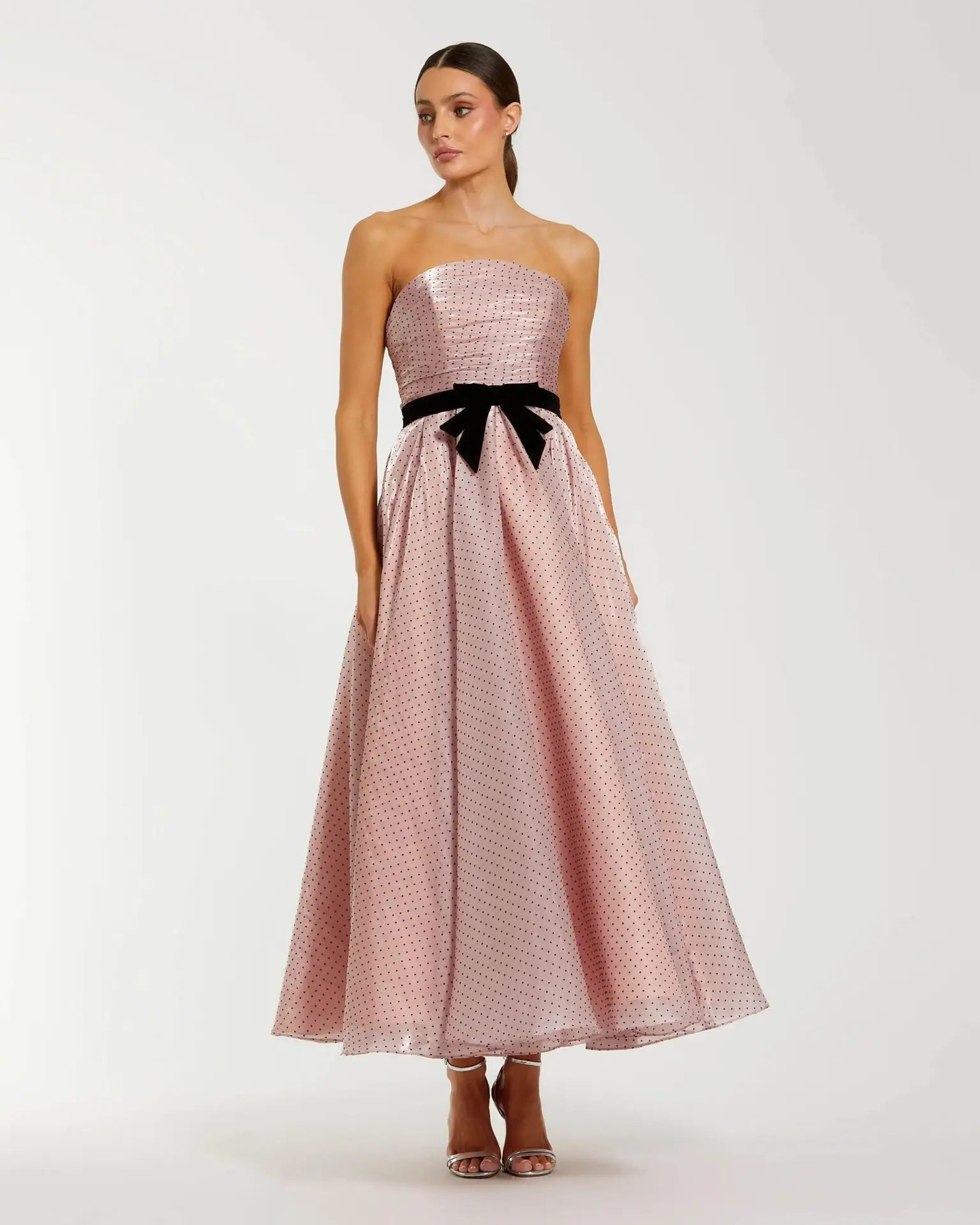 Pink Strapless Polka Dot Midi Dress With Velvet Bow