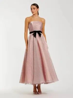 Pink Strapless Polka Dot Midi Dress With Velvet Bow