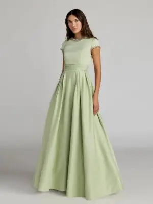 Green Embellished Satin Cap Sleeve Ball Gown