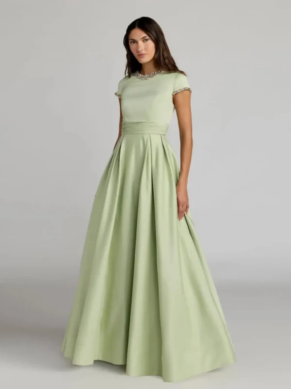 Green Embellished Satin Cap Sleeve Ball Gown