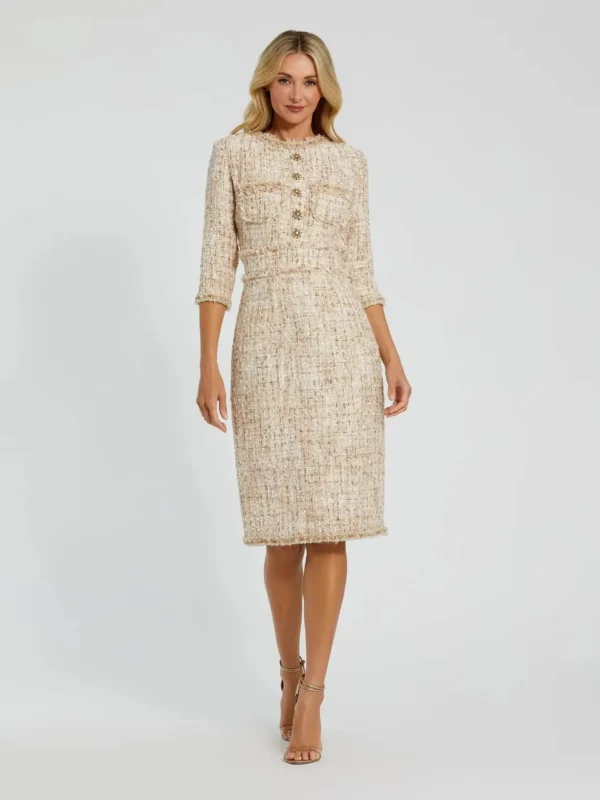 Petite Beige Beaded Trim Boucle Midi Dress with 3/4 Sleeves