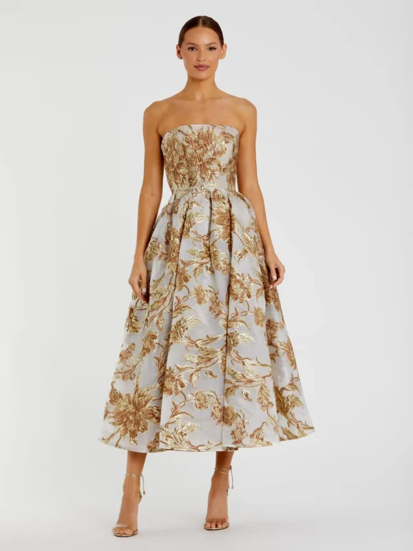 Petite Gold Strapless Brocade Midi Dress with Pockets