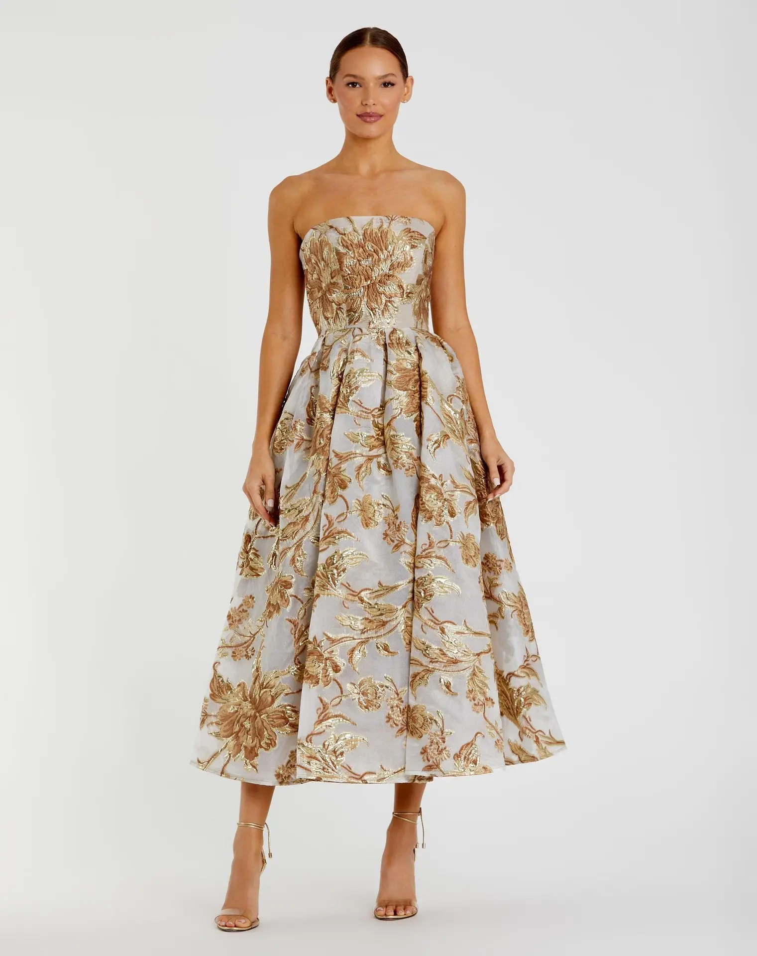 Petite Gold Strapless Brocade Midi Dress with Pockets