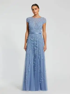 Petite Blue Floral Embellished Cap Sleeve Gown