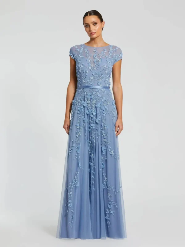 Petite Blue Floral Embellished Cap Sleeve Gown