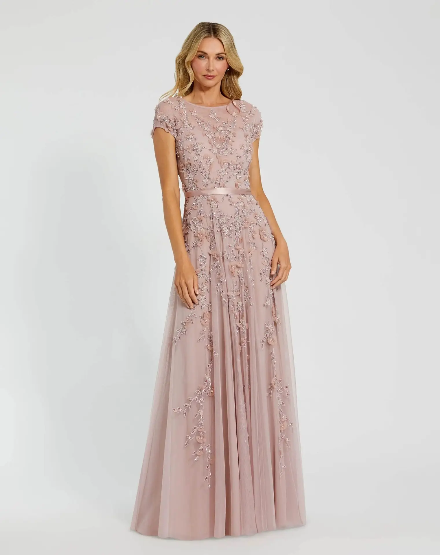 Petite Pink Floral Embellished Cap Sleeve Gown