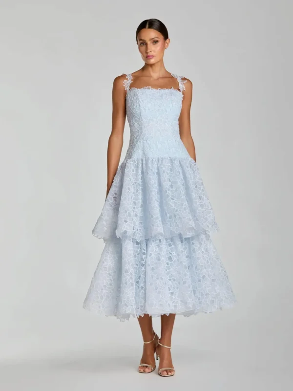 Petite Blue Sleeveless Embroidered Lace Tiered Midi Dress