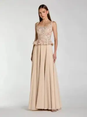Petite Beige Embroidered Peplum Top With Chiffon Skirt Gown