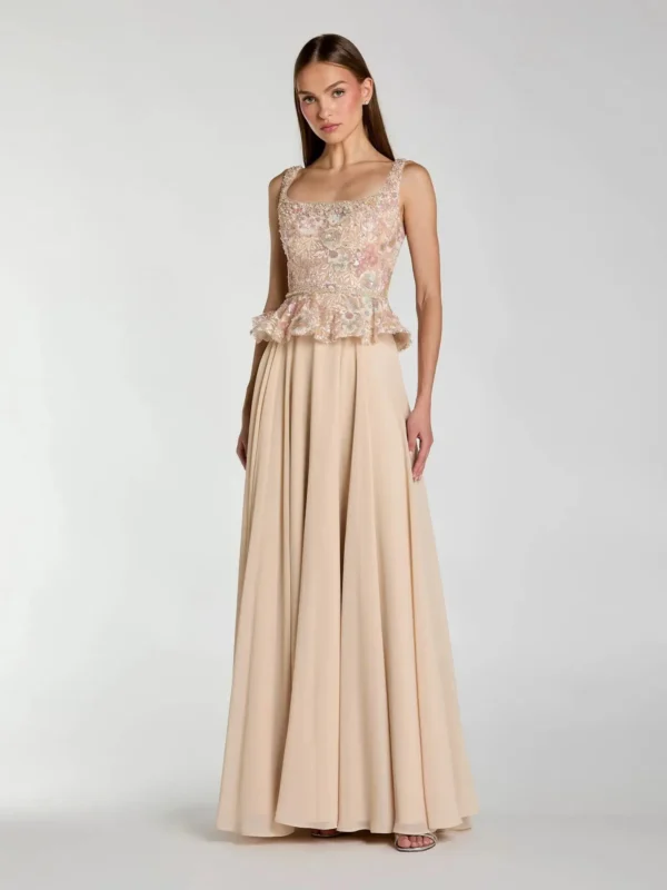 Petite Beige Embroidered Peplum Top With Chiffon Skirt Gown
