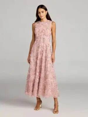 Petite Pink Floral Embroidered High Neck Midi Dress