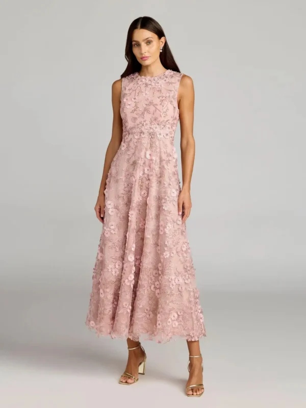 Petite Pink Floral Embroidered High Neck Midi Dress