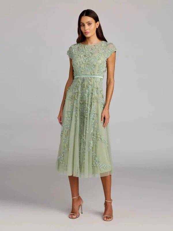 Petite Green Floral Embellished Cap Sleeve Midi Dress