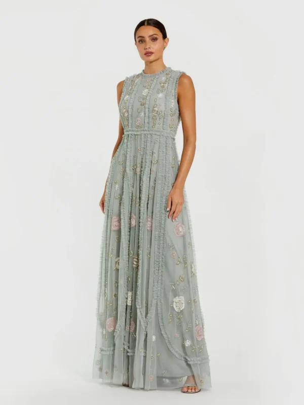 Petite Green Floral Mesh Sleeveless A Line Micro Ruffle Gown