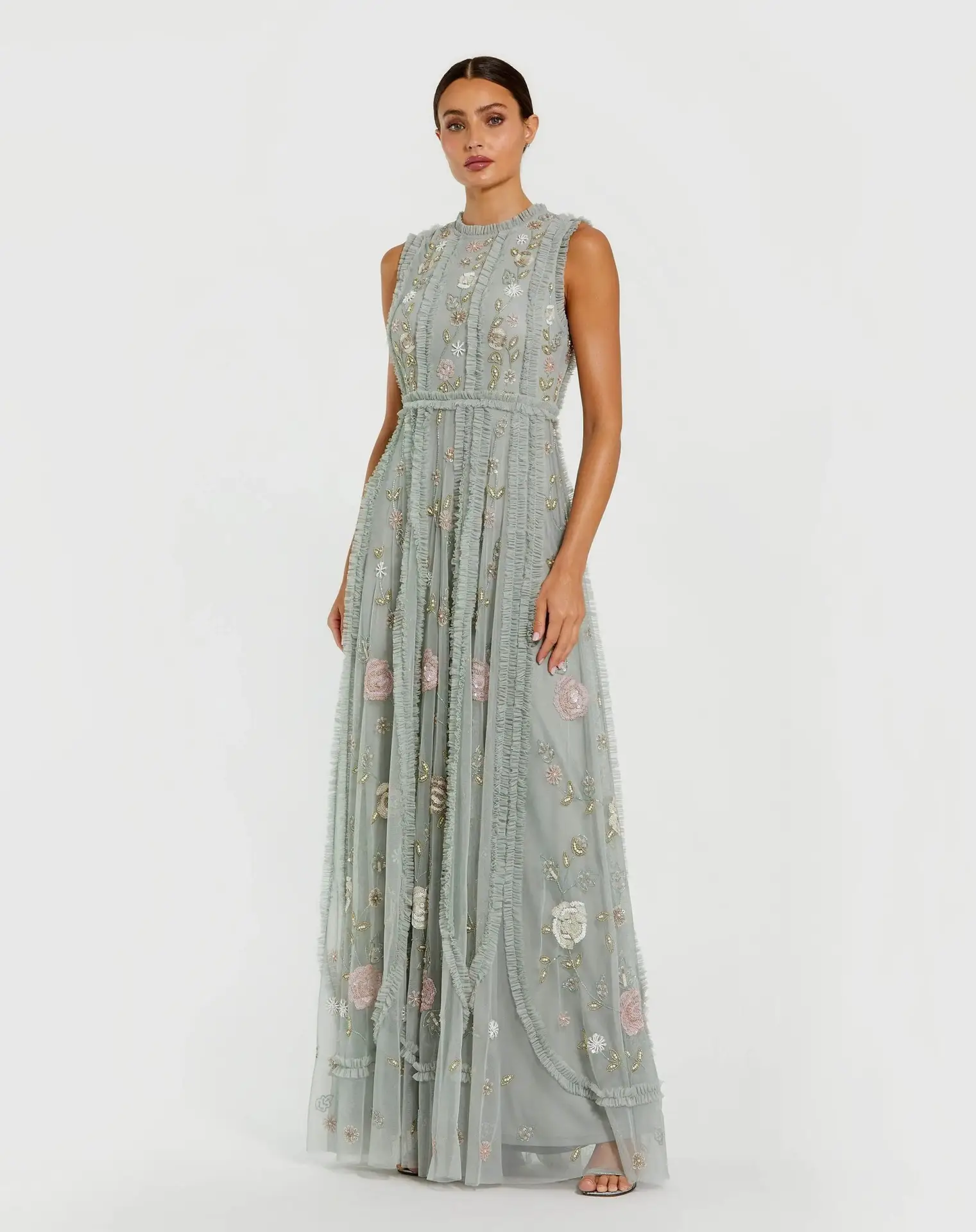 Petite Green Floral Mesh Sleeveless A Line Micro Ruffle Gown
