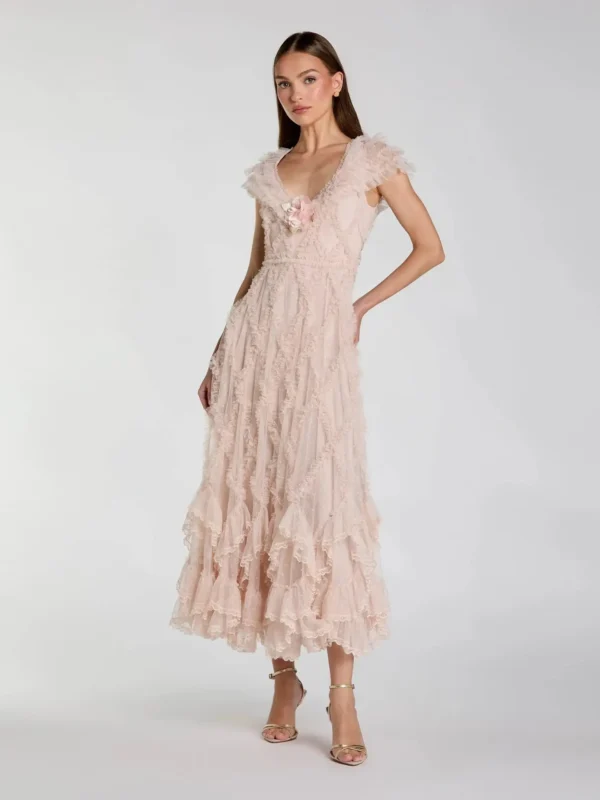 Petite Pink Micro Ruffle Cap Sleeve A-Line Midi Dress