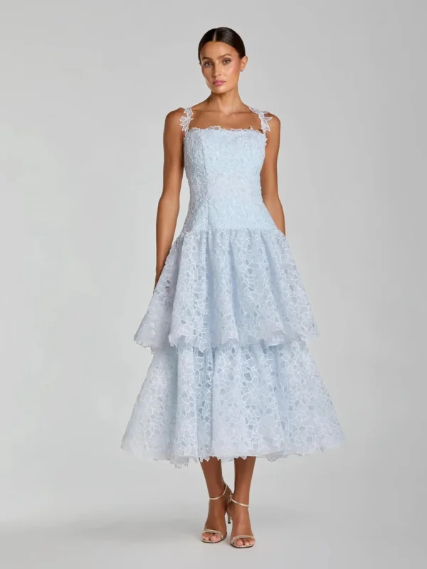 Blue Sleeveless Embroidered Lace Tiered Midi Dress