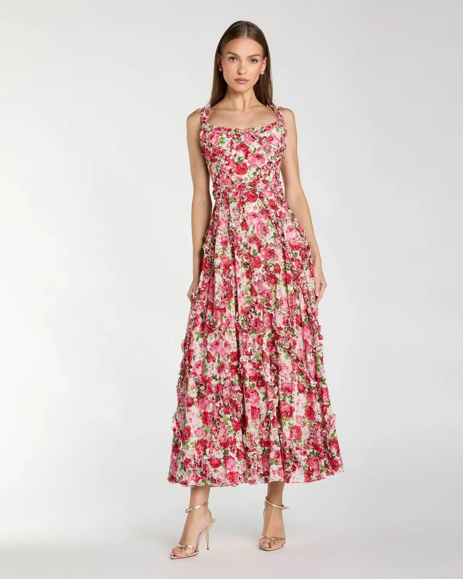 Pink Ruffle Scoop Neck Floral A-Line Dress