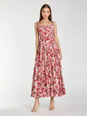 Pink Ruffle Scoop Neck Floral A-Line Dress