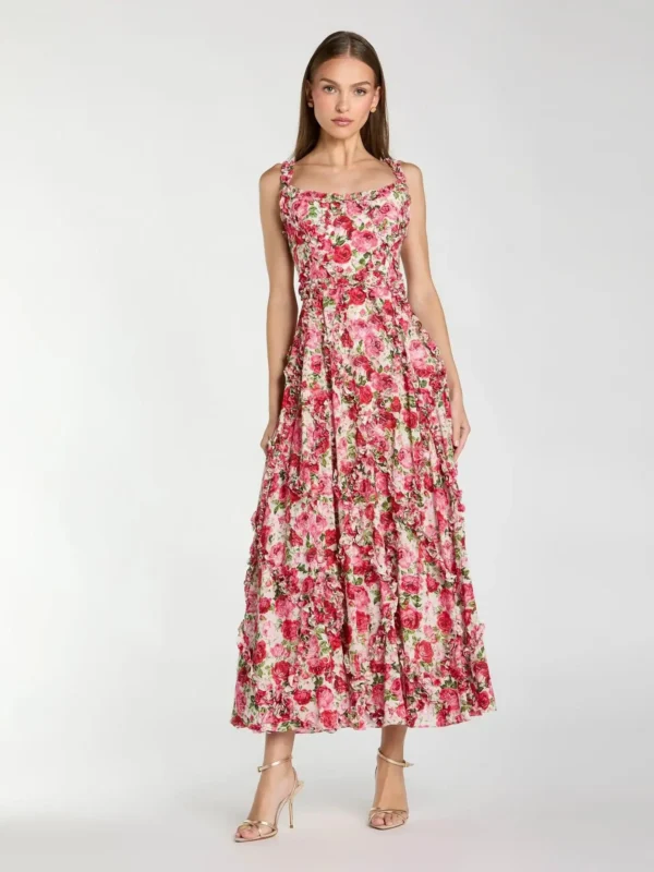 Pink Ruffle Scoop Neck Floral A-Line Dress