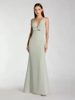 Light Green Crepe V-Neck Mermaid Gown with Bow