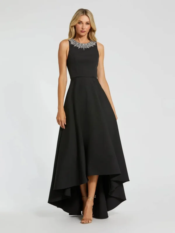 Black Crepe Embellished Neck High Low Gown