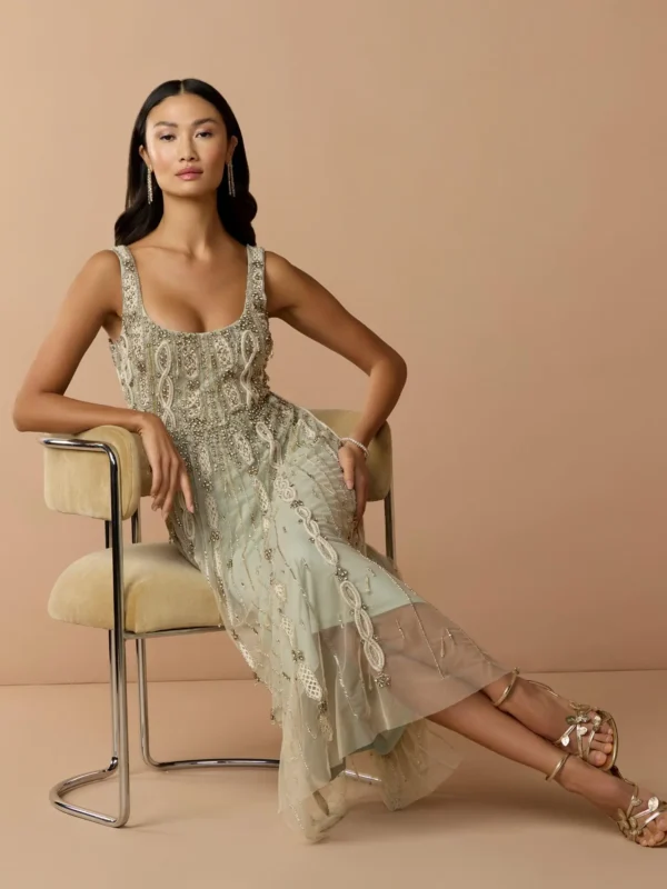 Petite Green Sleeveless Scoop Neck Embellished Midi Dress