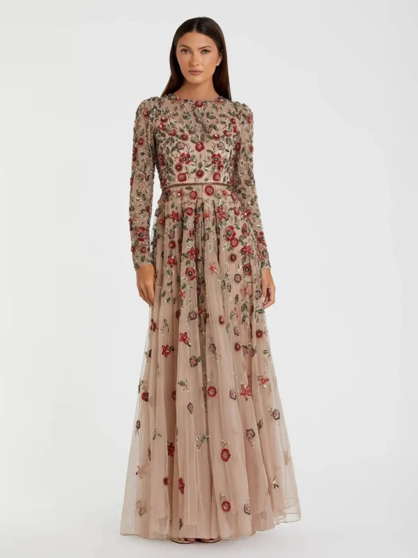 Petite Beige Embellished High Neck Long Sleeve A Line Gown