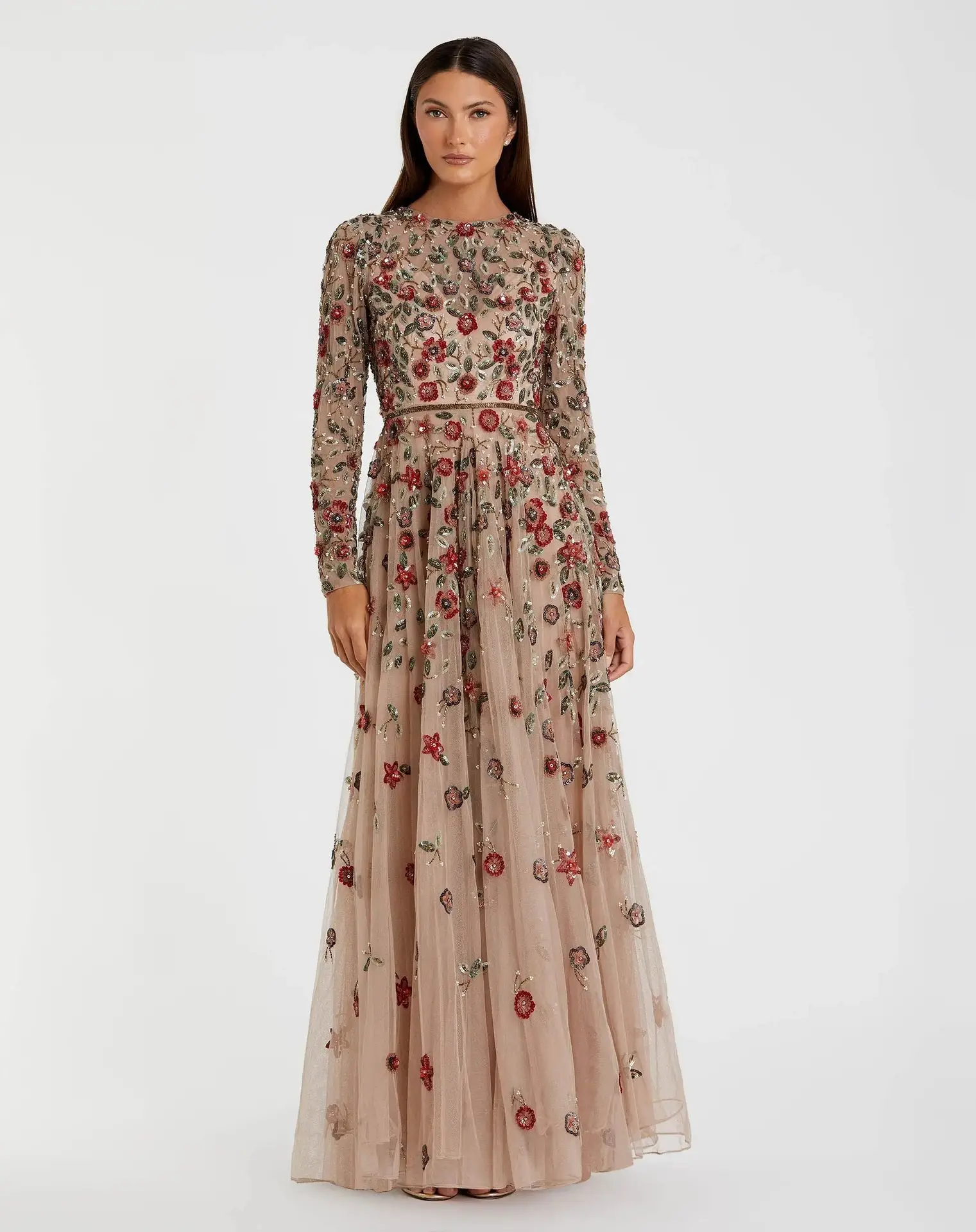 Petite Beige Embellished High Neck Long Sleeve A Line Gown