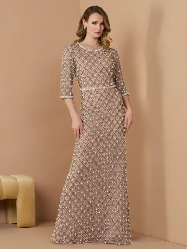 Petite Pink Pearl Embellished 3/4 Sleeve Gown