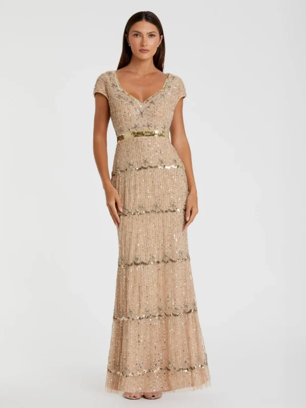 Petite Gold Sequin Cap Sleeve Sweetheart Column Gown
