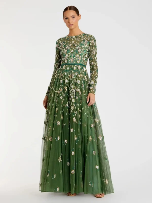 Petite Green Embellished High Neck Long Sleeve A Line Gown