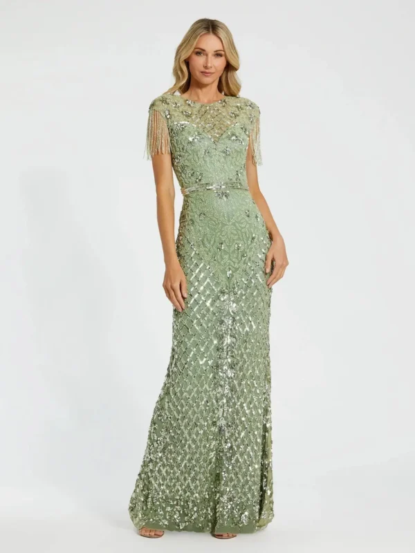 Petite Green High Neck Beaded Fringe Fitted Gown