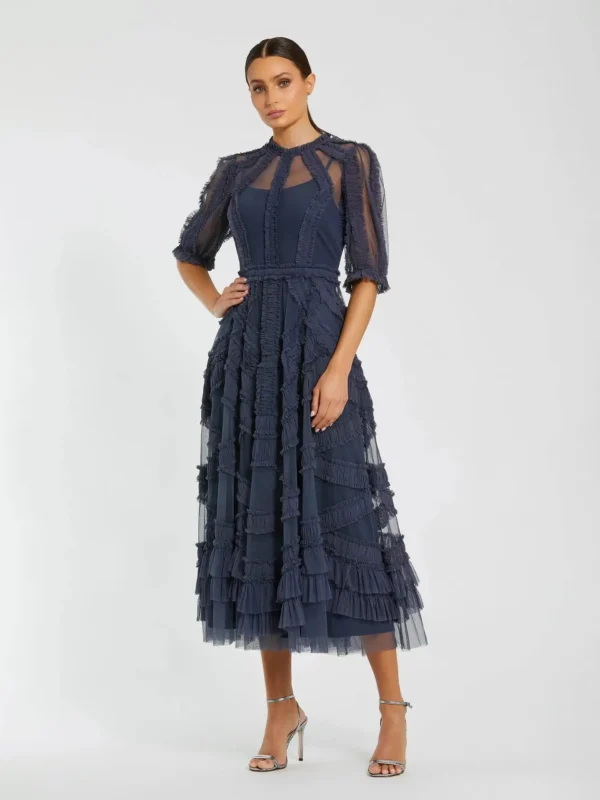 Petite Navy High Neck Ruffle Tiered A-Line Midi Dress
