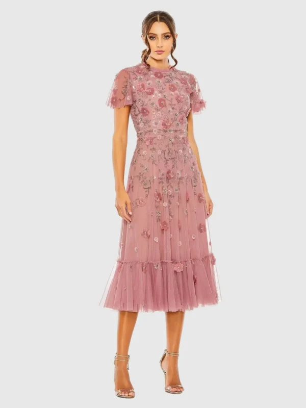 Petite Pink Embellished High Neck Flutter Sleeve A Line Dress